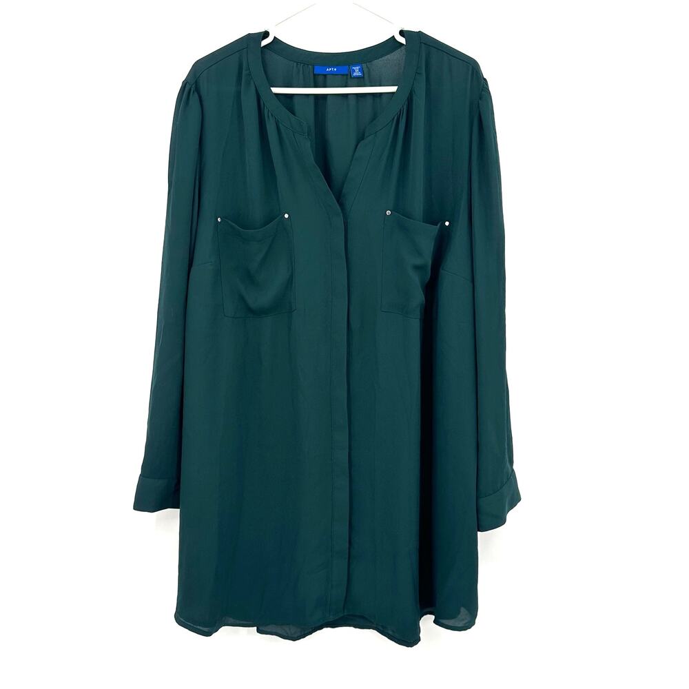 APT 9 Size 3X Blouse Green Hidden Button Up Double Pocket Loose Flowy Workwear